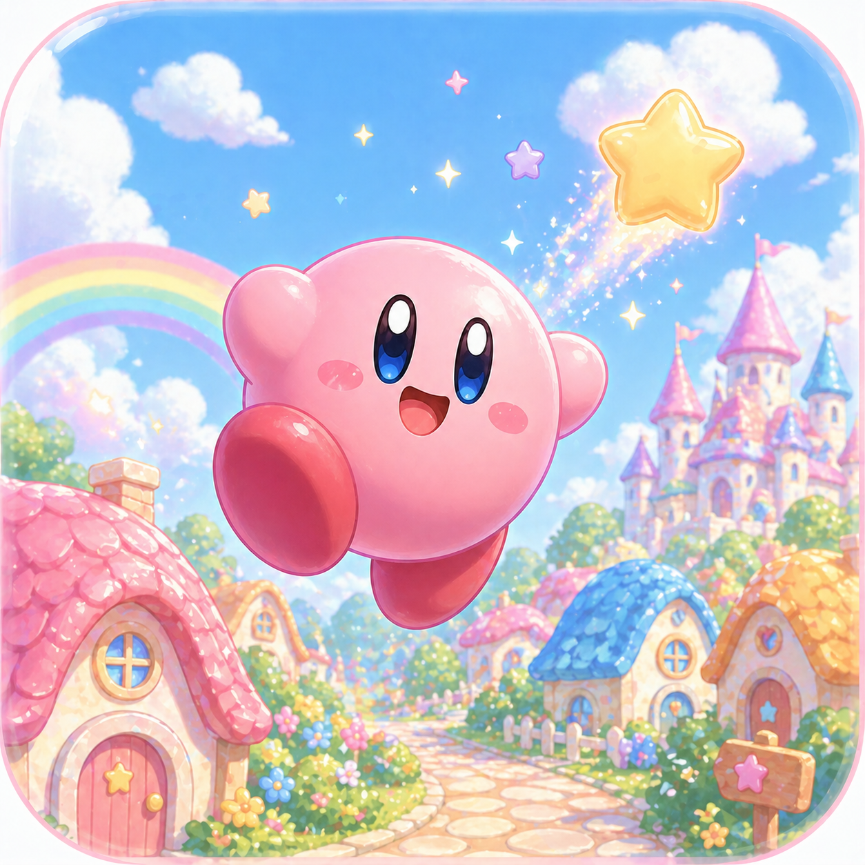 粉色Kirby飞越彩色城堡小镇的角色图片